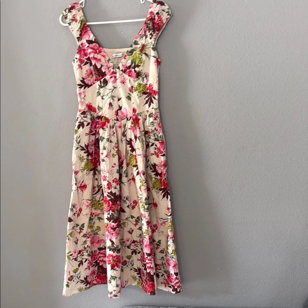 Abercrombie & Fitch Cream and Pink farm milkmaid cottagecore Pleated Maxi Dress